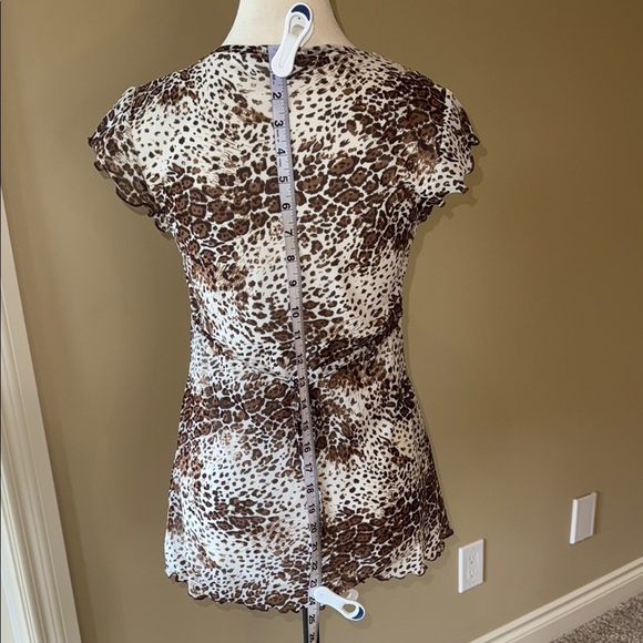 George Blouse Fitted Cap Sleeve Brown White Leopard Animal Print Tie Back Women - Picture 6 of 8